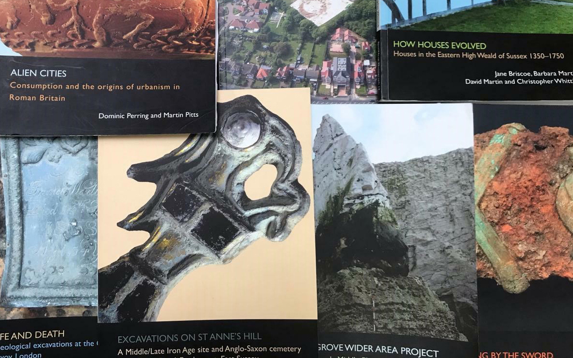 A selection of books all stacked haphazardly on top of each other. Titles include “How Houses Evolved”, “Alien Cities”, “Excavations on St Anne’s Hill”. Each has an artefact or photo from the excavation as the cover image.