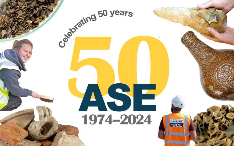 Composite image with the ASE at 50 logo in the centre. The logo is the words ASE over a large yellow 50, with the dates 1974-2024 at the base and a curving “celebrating 50 years” at the top. Archaeological images are displayed around the border