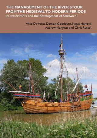Book cover featuring a large wooden boat with three masts sailing on a river