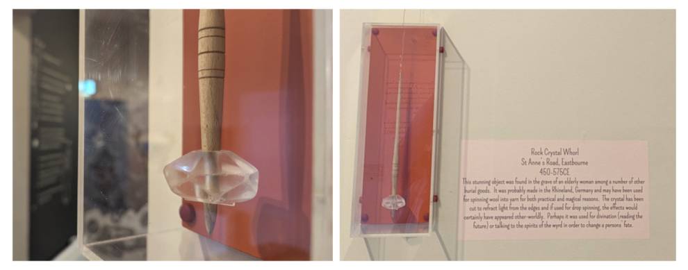 Two photos of Heritage Eastbourne’s rock crystal whorl are shown side by side: The first shows the whorl mounted onto a replica spindle. The second shows an information panel. Due to alt-text character count restrictions, please contact ASE@UCL.ac.uk for 