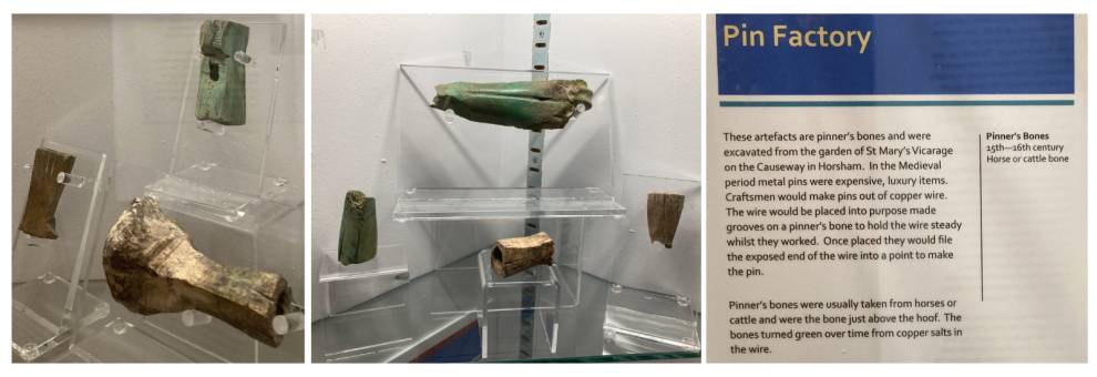 Three photos of Horsham Museum's 'pin factory' are shown side by side: two photos of the copper-stained bones, and one of an information panel. Due to alt-text character count restrictions, please contact ASE@UCL.ac.uk for full text.