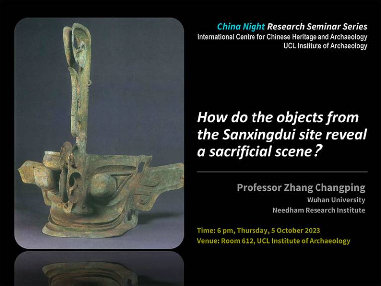 ICCHA China Night poster for seminar with a black background, coloured text and an image of a (metal) artefact on the left