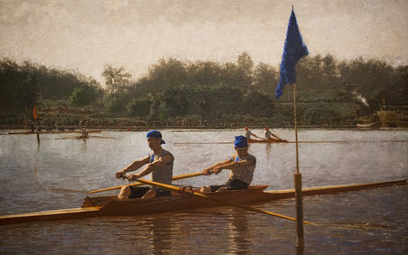The Biglin Brothers Turning the Stake shows famous rowing race that took place on the Schuylkill River in Philadelphia during May 1872. 