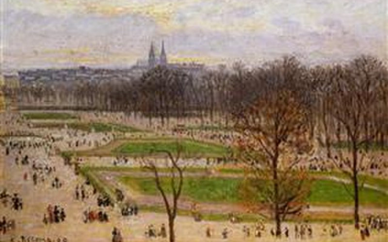 Painting of the tuilleries gardens in winter afternoon shows different lights and views from his apartment in Paris.