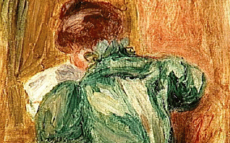 renoir painting of a girl reading a book facing with her back to us