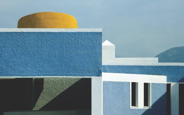 Close up of the blue and white surfaces of Lyttos Hotel in Anissaras-Hersonissos, Heraklion, Crete