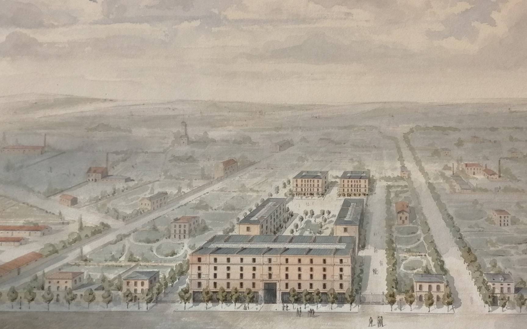 Marie-Gabriel Veugny, 1849, A.S.M.J.R.A. l’Empereur d’Autriche. Cité ouvrière d’un arrondissement de Paris. Plans, coupes, élévations et détails, ‘Vue d’ensemble de la cité d’un des Arrondissements de Paris’. Paris, Bibliothèque des Arts Décoratifs