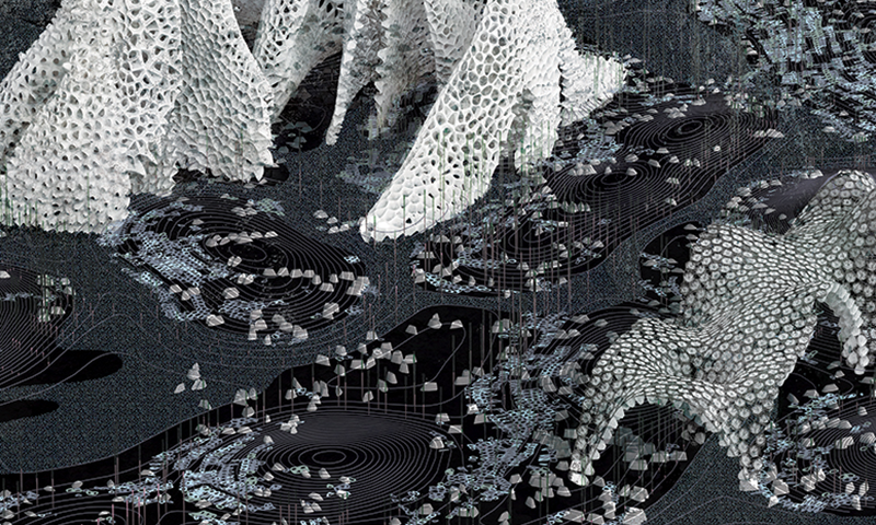 Graphic design piece portraying a digital representation of mountainous synthetic structures