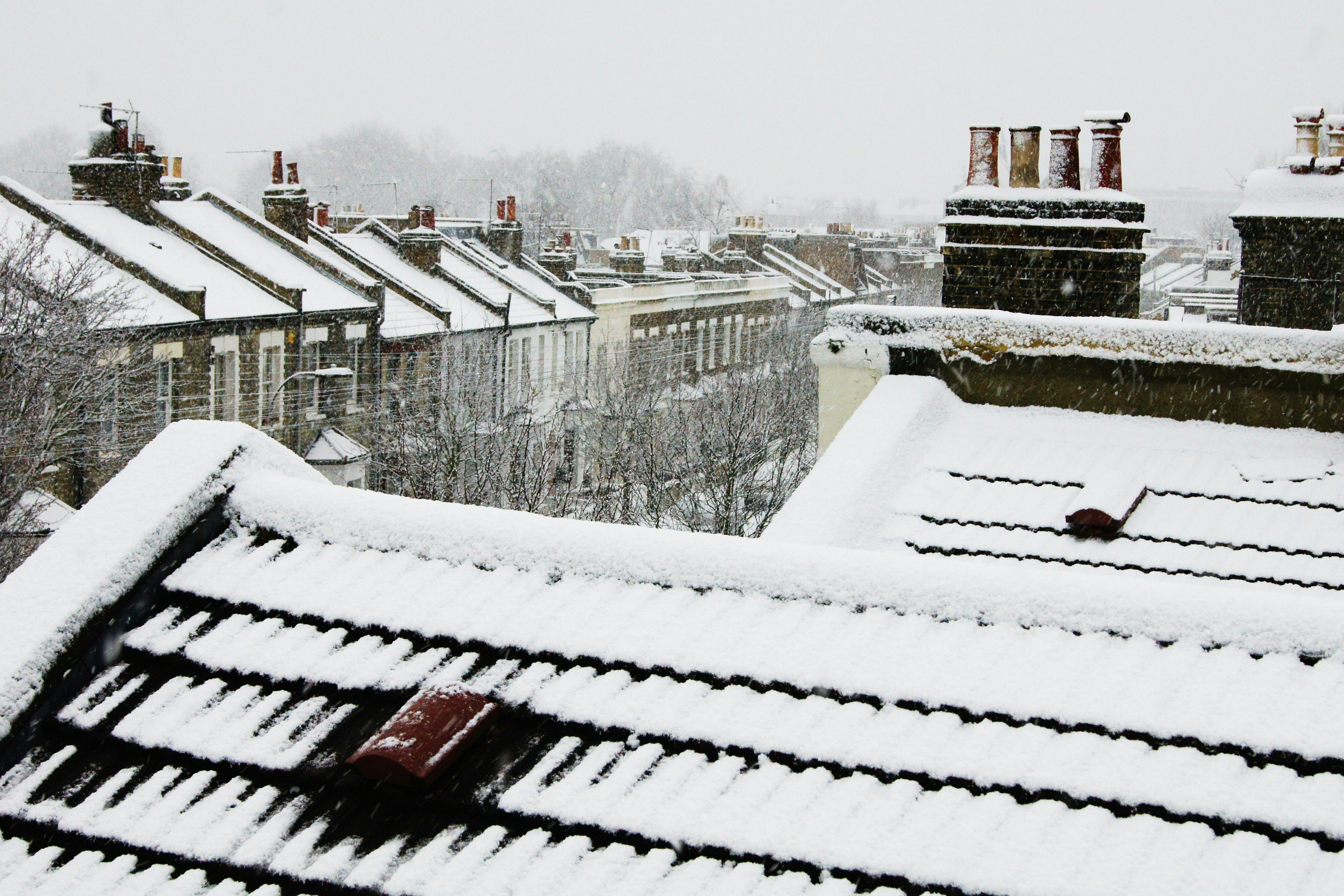 a view of the rooves and chimneys of a street of terraced houses covered in snow against a grey snowy winter sky. 