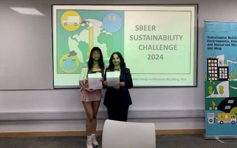 Rachel Cole and Maria Ahmed, with the “Audience Choice Award” for “City Resources and Systems: Breathing Trouble: Investigating Air Pollution's Impact on Student Well-being in London Schools”