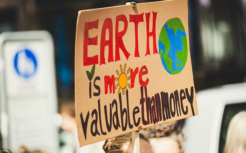 Image of sign at protest which reads earth is more valuable than money