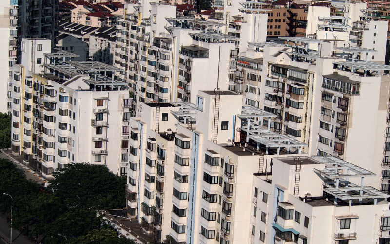 Birds eye view of white buildings in China