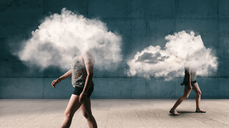 people walking with clouds instead of faces