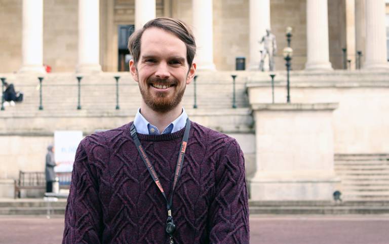 Dr Michael Thomas in front of UCL Portico