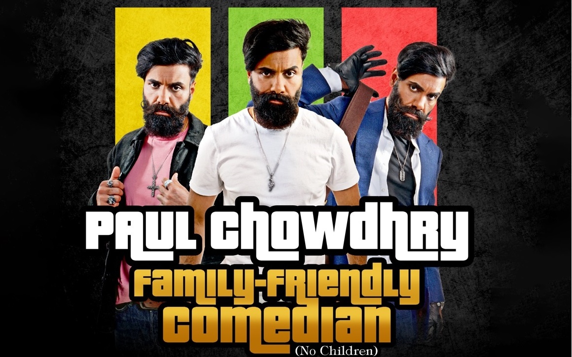 3 pictures of comedian Paul Chowdhry, each against a yellow, green or red background below which is the event title Family Friendly Comedian