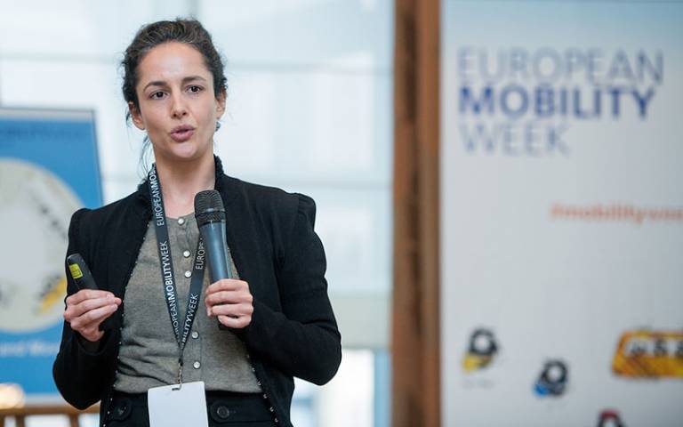 Dr Clemence Cavoli, speaking at a European Mobility Week event, April 2018. Photo ©: Ezequiel Scagnetti