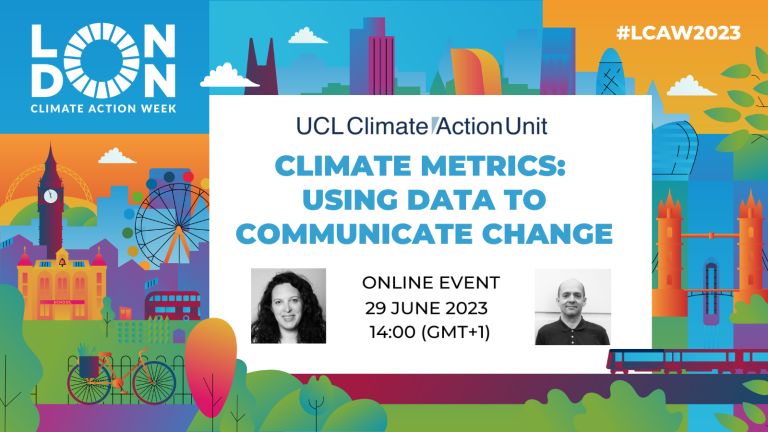 A flyer for the UCL Climate Action Unit event on climate metrics