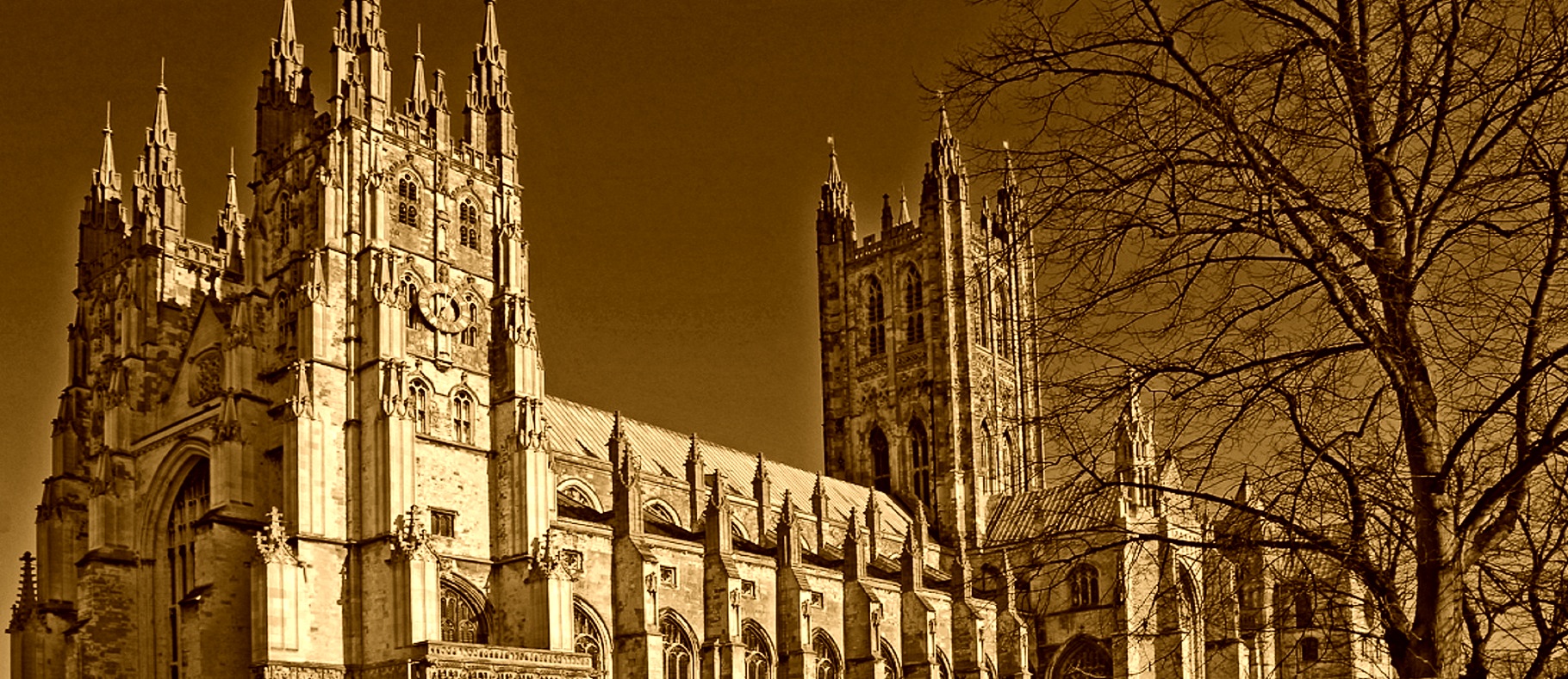 A sepia-filtered image of Canterbury Cathedral.