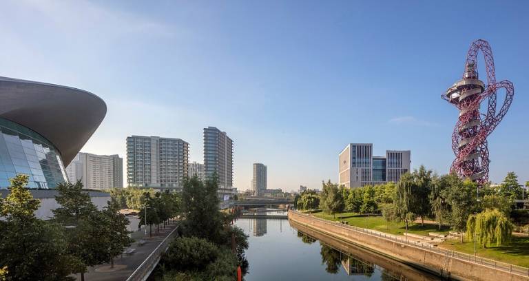 UCL East and East Bank buildings next to the river at the Queen Elizabeth Olympic Park in Stratford 