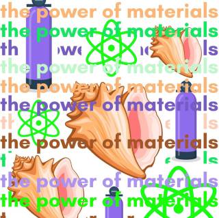 rows of words saying 'the power of materials' in different colours with scientific icons related to materials