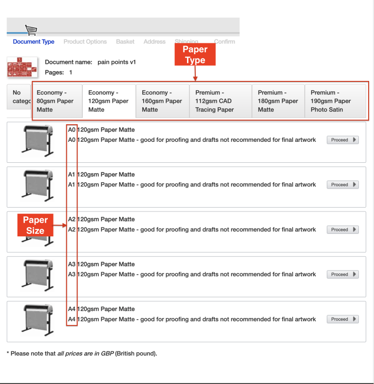 Screenshot of the different paper sizes and types available