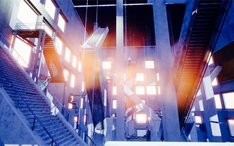 graphic image looking upwards at an angle at computer generated architecture. stairs start and end in mid air, light shines through windows. the colours are cold greys and bright whites.