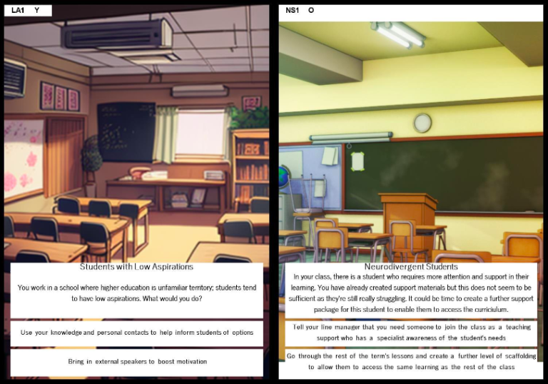 the image shows two cards from the game the researchers are developing. The cards each show a hand drawn image of an empty classroom. One card has the heading 'Students with low aspirations' the other, 'Neurodivergent students'