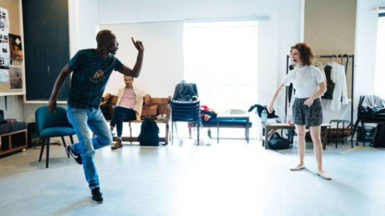 Fiston Barek and Mical Horowicz in rehearsals for Amsterdam by Maya Arad Yasur, Orange Tree Theatre. Photo by Helen Murray.