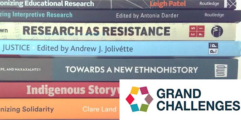 7 stacked books, with titles research as resistance, towards a new ethnohistory, indigenous story and the Grand Challenges logo