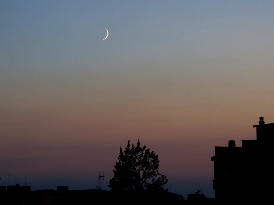 snapshot of the crescent moon at dusk