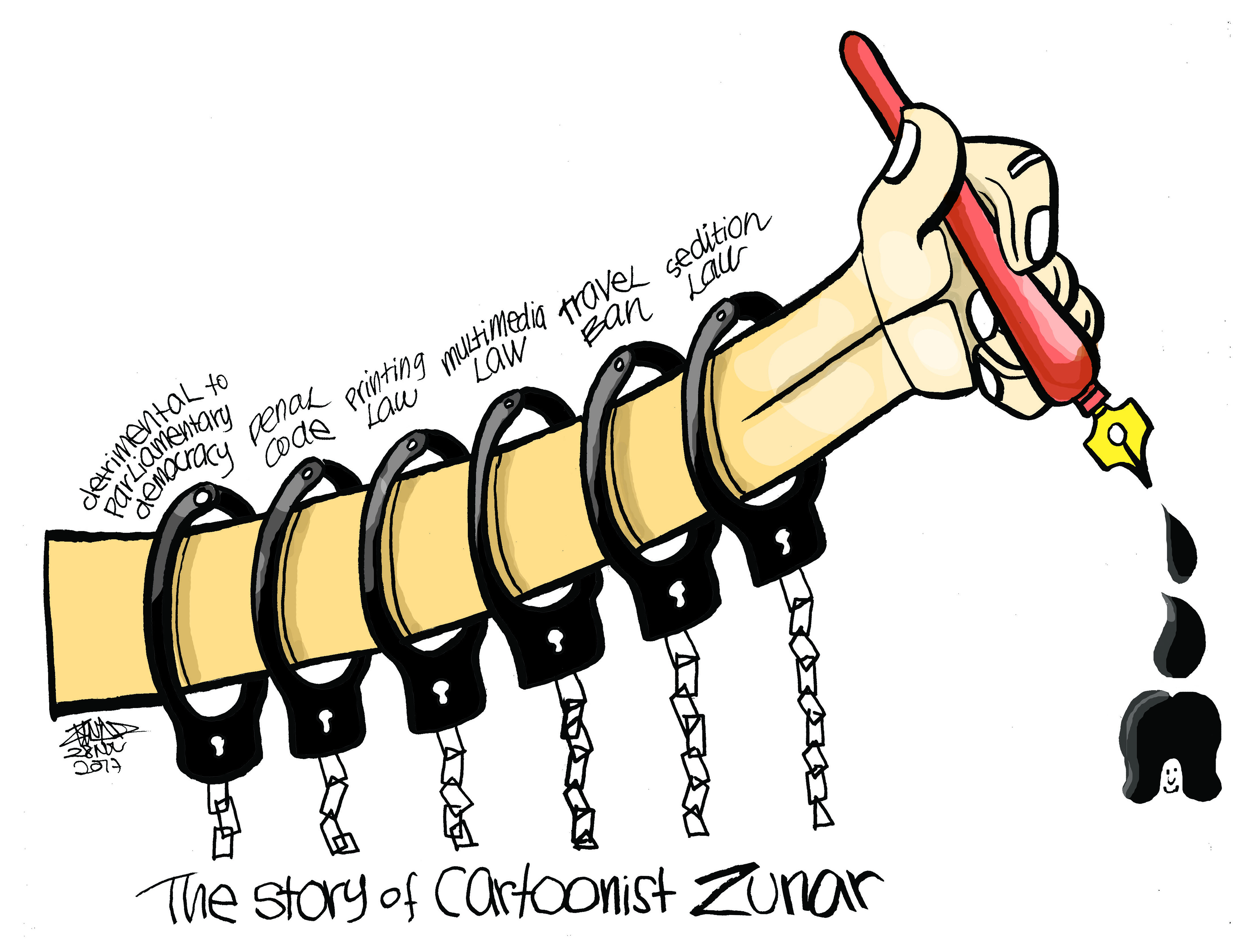 © Zunar. Courtesy of the artist. This image depicts the Malaysia Sedition Act of 1948. Originally implemented by the colonial authorities, this act criminalizes ‘seditious speech’, and has been used to crack down on anti-corruption activists.