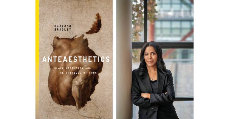 Cover of the book on the left, on the right an image of the author. She wears a black jackett and black top underneath, her arms are folded in front of her body. She looks directly into the camera