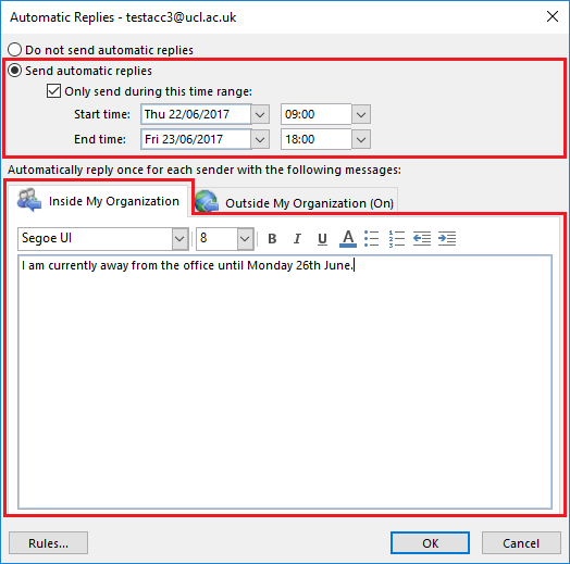 Set automatic reply/out of office message in Outlook 2016 for Windows |  Information Services Division - UCL – University College London