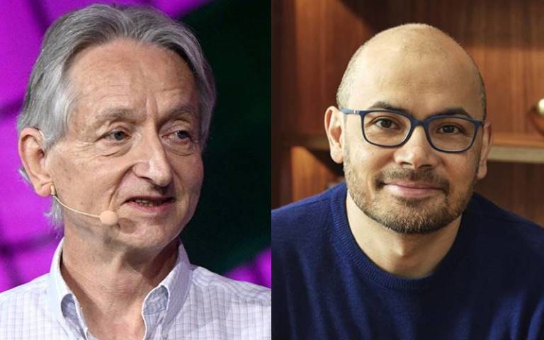 An image showing Professor Geoffrey Hinton on the left and Sir Demis Hassabis CBE on the right. Both are Nobel Prize winners in 2024.