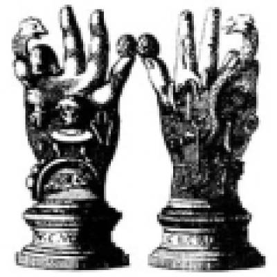 The Emblematic Hand of the Mysteries: a hand extended to neophyte masons in ritual, raising them from the dead (from Mountfaucon's Antiquities).