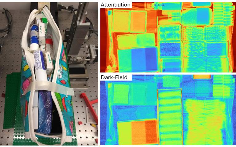 Imaging materials inside a bag: on the left you can see a toiletries bag with items inside, such as toothpaste, tissues, pills etc and on the right you can see X-ray images of the bag comparing the quality of the image with the new technique