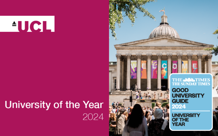 The picture shows UCL’s iconic Portico building with banners hanging saying ‘welcome’ and students milling around. The text on the image says ‘University of the Year 2024’ with The Times and Sunday Times logo which says ‘Good University Guide 2024’ and ‘U