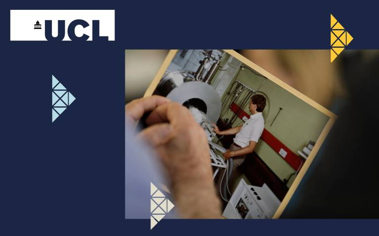 Alt: Blue background with the UCL logo in the top left corner. In the middle of the image is a photograph of a man holding an old picture of a colleague from UCLH in the 1980’s standing in front of a neonatal transporter incubator. 