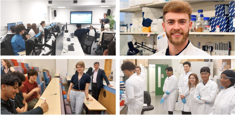 grid of four images showing PhD students and school students at UCL Cancer Institute