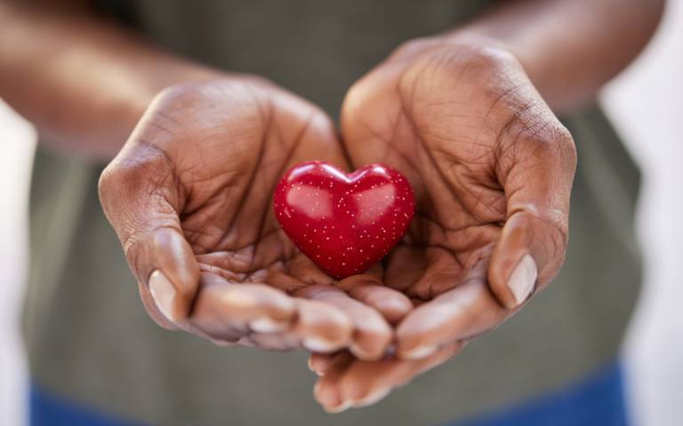 Close up of female hands holding a small red heart