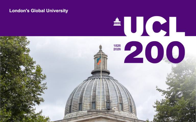 An image of UCL's Portico, with purple 'UCL 200' bicentennial branding