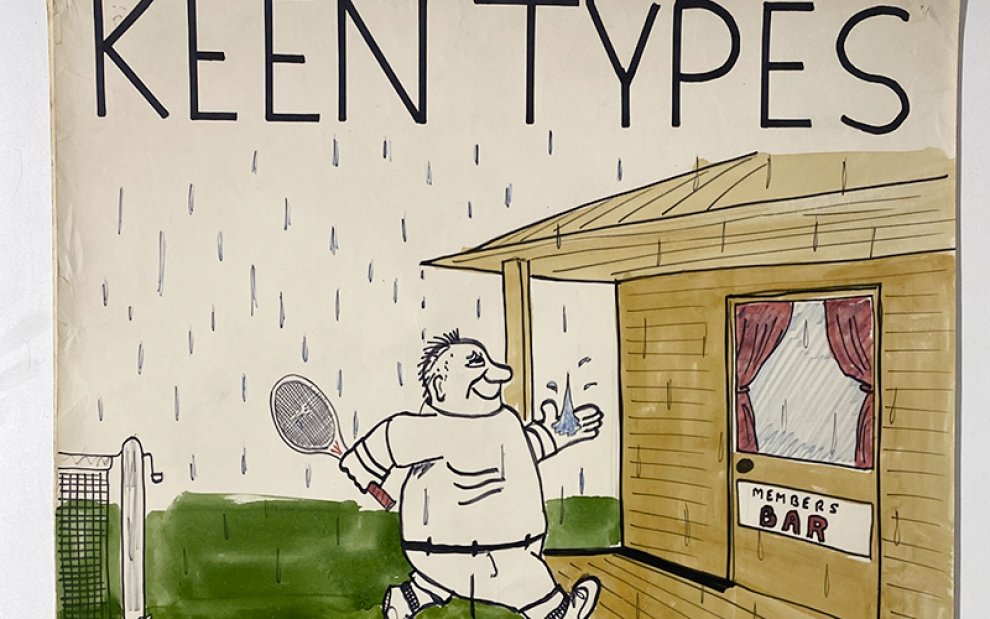 A paper with an illustration of someone in tennis clothes walking to a house with the words 'keen types' written on top 