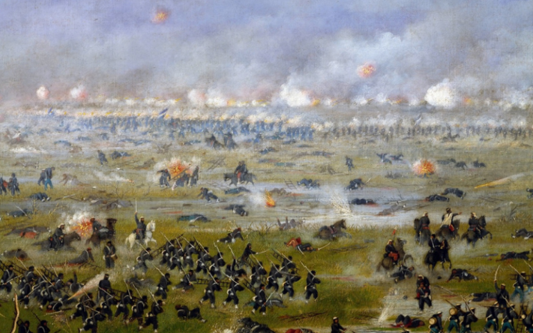 Oil painitng of an 1800s battle showing cannon fire and infantry troops on a battlefield