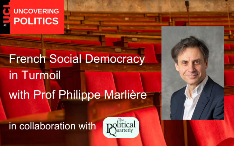 A headshot of Prof Philippe Marlière is in the foreground. In the background you can see the red velvet seats of the French National Assembly