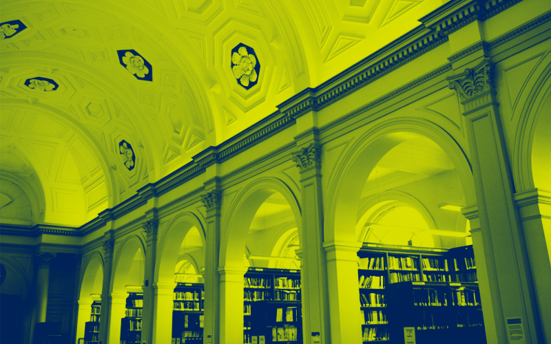 Green image of UCL Library reading room.