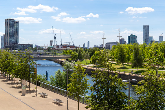 View of the Queen Elizabeth Olympic Park, with UCL East buildings in the background