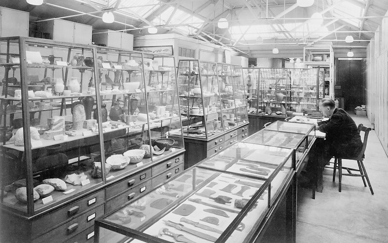 An historical photograph of a UCL academic working in a museum lab.