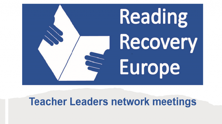 Reading Recovery logo, blue with white letters Reading Recovery Europe, hands holding a book