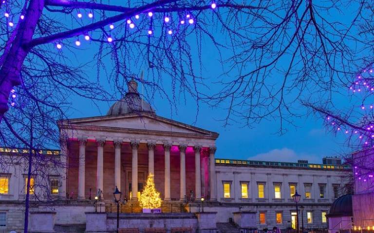 Christmas lights and tree around UCL Portico building