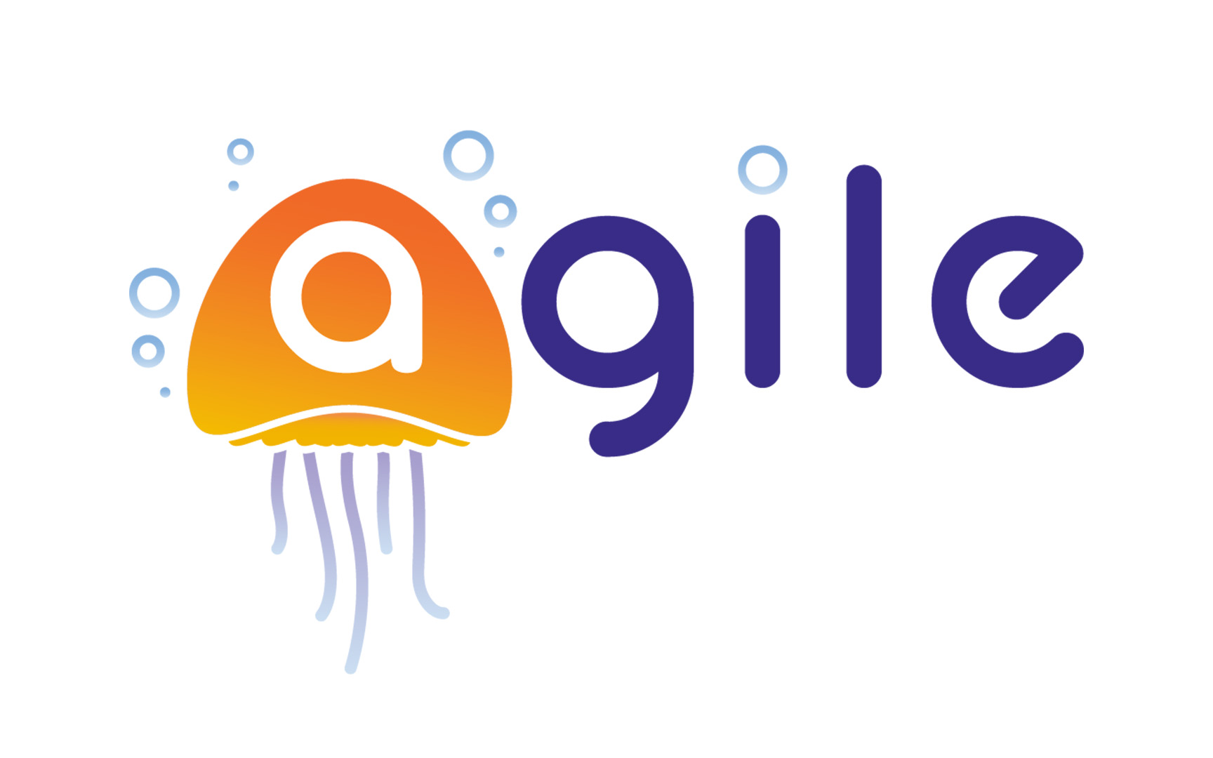  Simple, colourful project logo, reading: 'agile' in a dynamic rounded font, all lowercase. The letter 'a' is in white inside a stylised orange jellyfish with lilac tentacles, 'gile' is in purple with a cartoon bubble as the tittle for the letter 'i'.